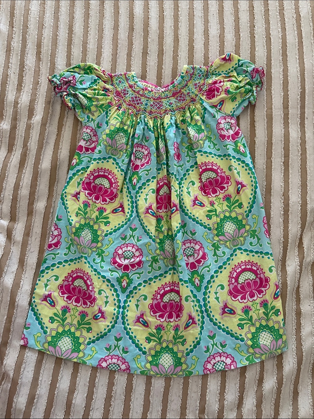 Bright Floral Smocked Girls' Dress - Pink & Green